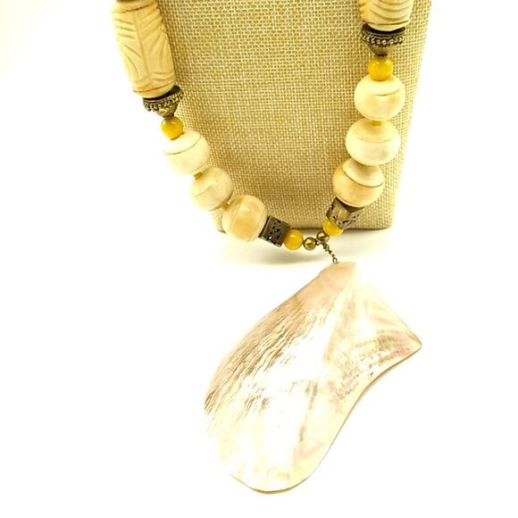 Artisan 4" MOP Shell Brass & Faux Bone Statement Necklace - Picture 15 of 15